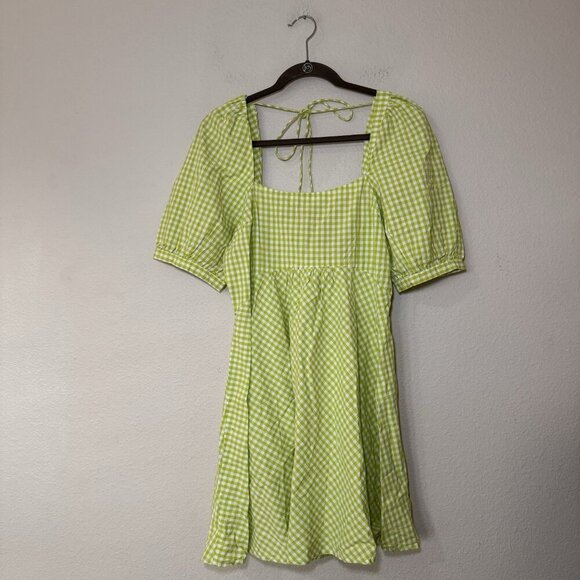 Primark Lime Check Puff Sleeve Cottagecore Dress UK14 EU42 US10 Western Cowgirl - Picture 8 of 8